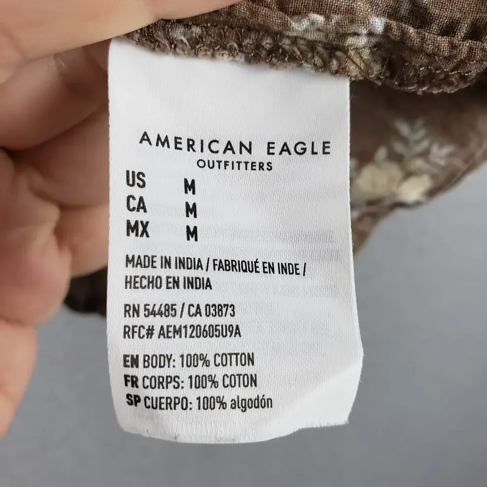 American Eagle Women's M Tiered Babydoll Crop Blouse‎ Brown Floral Cottagecore